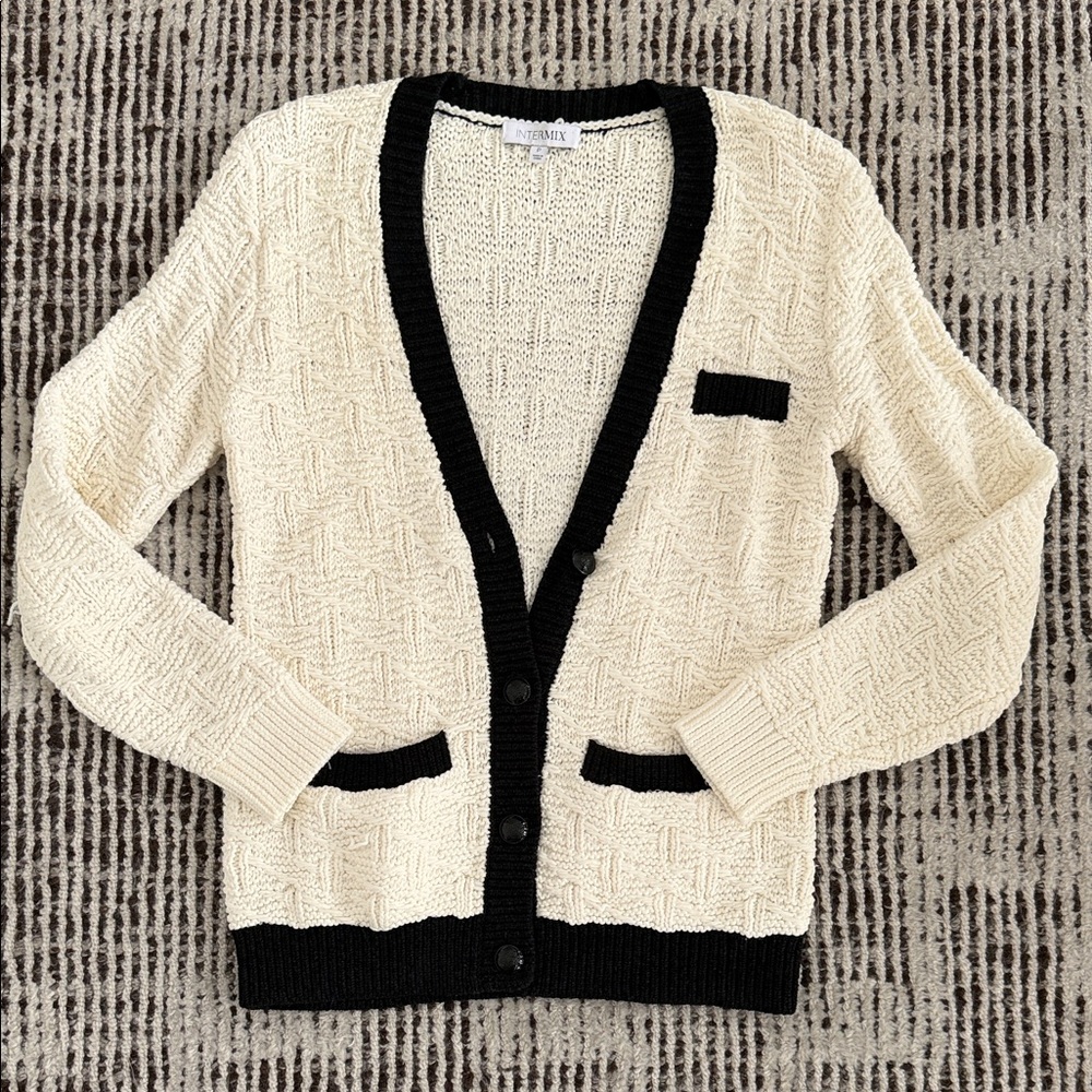 INTERMIX Cream Knit Cardigan with Black Trim